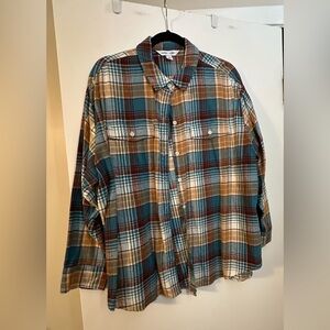 Old Navy Women’s Plaid Button Down Shirt Flannel- Teal, Brown, White